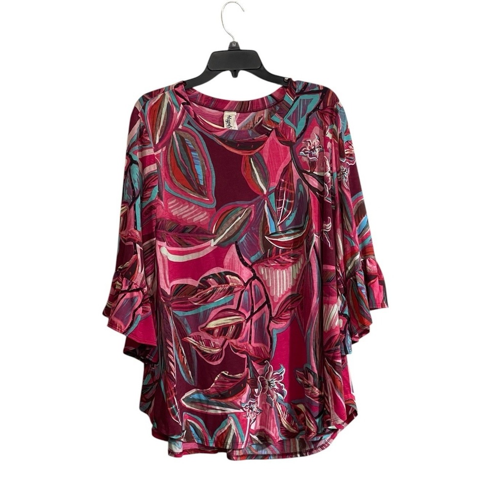 Haptics Blouse Sz 2XL Pink Bold Abstract Flowy Bell Sleeve Resort Tropical Boho